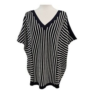 Talbots V Neck Knit Navy Stripe Sweater Textured‎ Chunky Beachy Coastal Poncho L